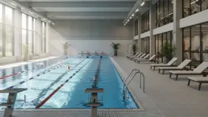 毎日通える市営プール施設の室内温水プール。明るい自然光が差し込むレーンプールと休憩スペース